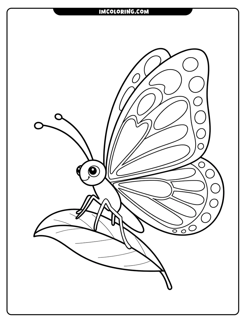 Coloring page for kids: A cartoon butterfly with large eyes and patterned wings rests on a single leaf