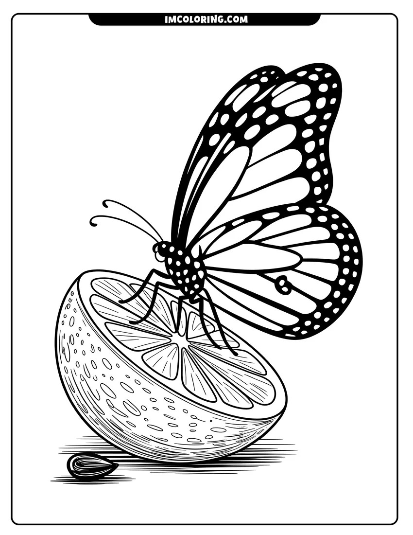 PDF style coloring page: A monarch butterfly with patterned wings sits on top of a sliced citrus fruit for a snack