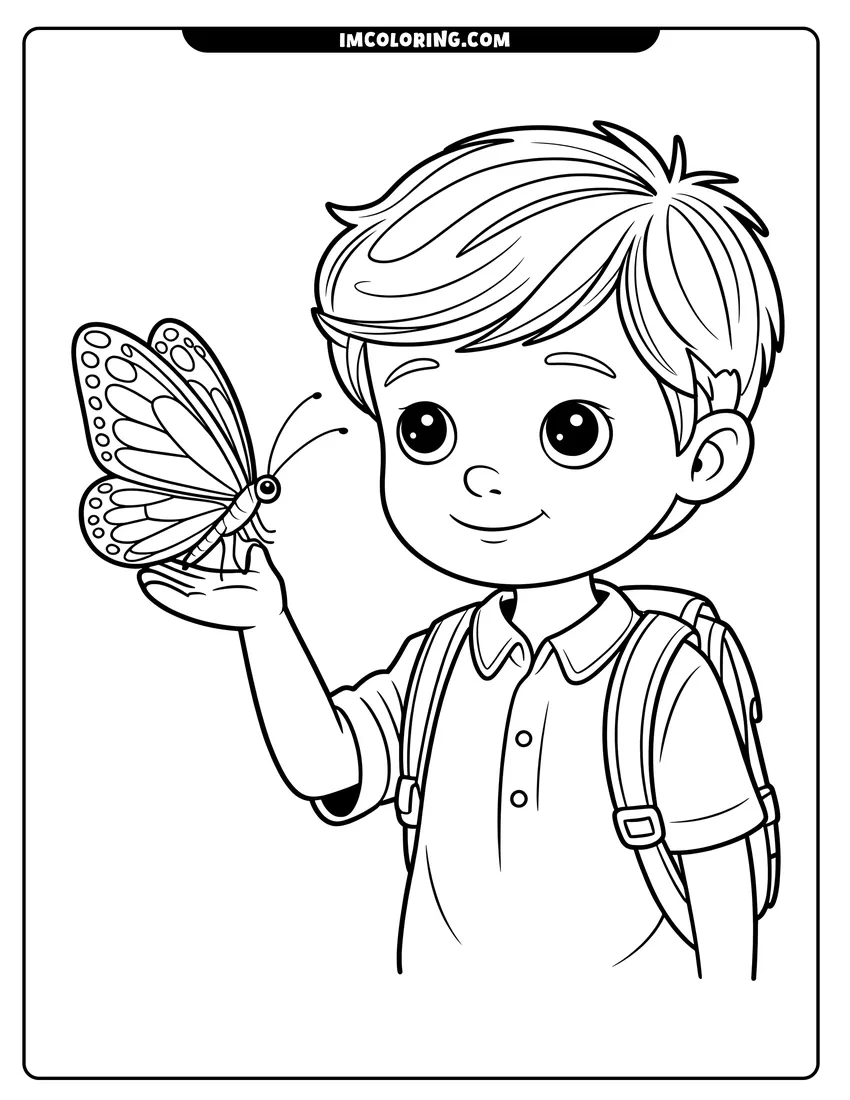 Vector style outline of A young boy wearing a backpack smiles as a large butterfly rests on his outstretched hand