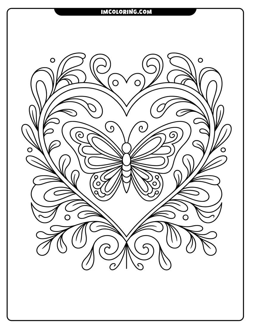Coloring page for kids: A patterned butterfly centered inside a large heart frame decorated with swirling leaves and circular decorative accents