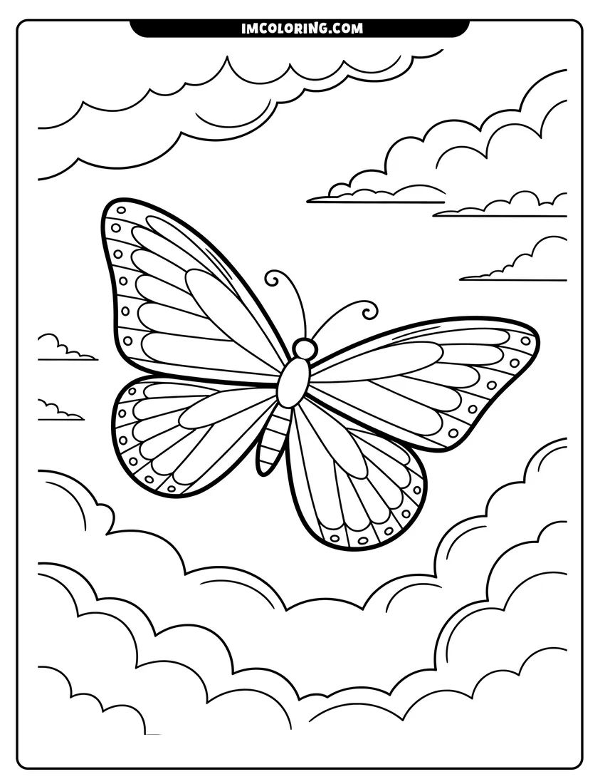 Black and white line art of A detailed butterfly with patterned wings flying above fluffy white clouds in a clear summer sky