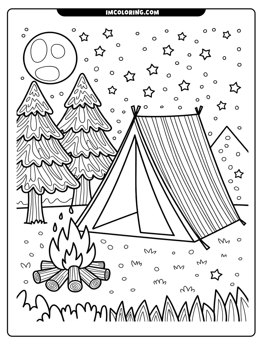 Doodle style coloring picture of A cozy tent next to a crackling campfire under a starry night sky with trees and a moon
