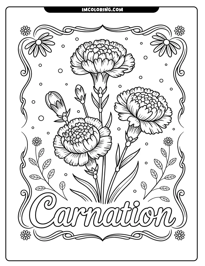 Coloring sheet featuring Detailed carnation flowers with ruffled petals and thin stems surrounded by a decorative border and floating circles