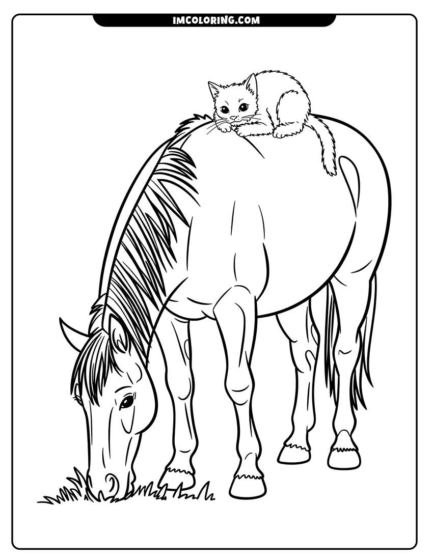 Free to print drawing of A small kitten sitting on the back of a large horse that is eating grass in a field