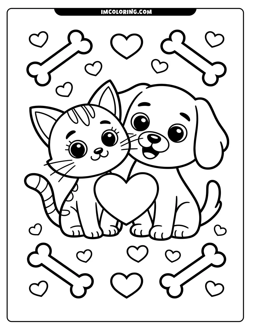 Outline drawing of A cartoon cat and dog sit together behind a large heart with small hearts and bones surrounding them
