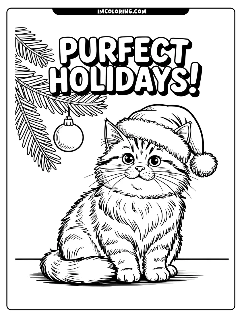 Vector style outline of A fluffy kitten wearing a Santa hat sitting under a Christmas tree branch with a hanging ornament