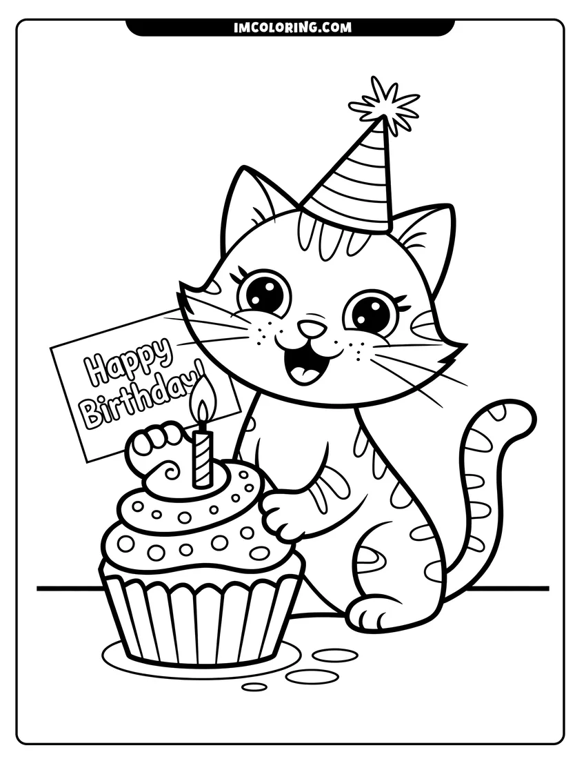 Downloadable coloring page of A happy cartoon cat wearing a striped party hat with a birthday cupcake and a greeting card