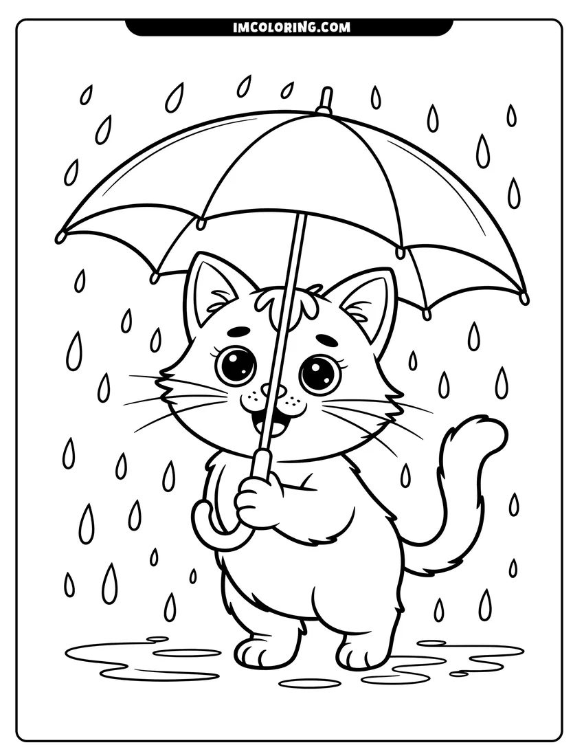 Free to print drawing of A smiling kitten holding an umbrella while standing in the rain with puddles on the ground