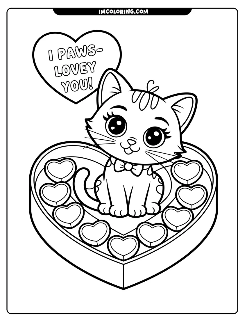 Printable coloring page of A cute kitten sitting inside a heart-shaped chocolate box with a heart that says I paws-lovey you