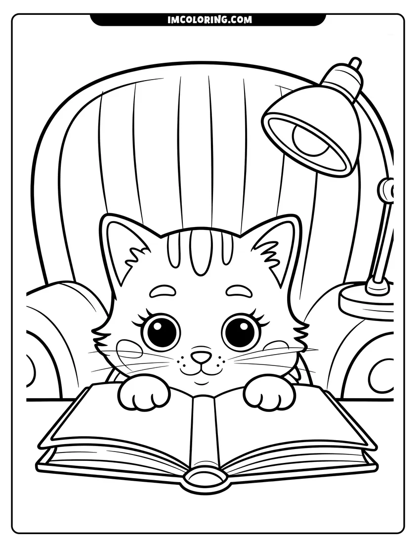 Doodle style coloring picture of A cute cartoon kitten sitting in an armchair reading a large open book under a desk lamp