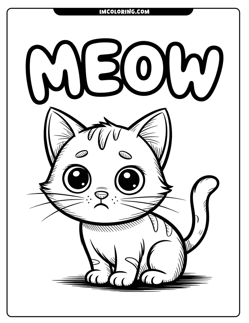 Coloring sheet featuring A cute kitten with large eyes sitting below the word meow in a simple line art illustration