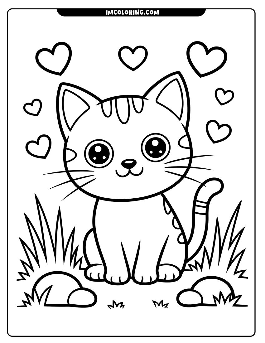 Doodle style coloring picture of A cute cartoon kitten with large eyes sitting in grass surrounded by floating heart shapes