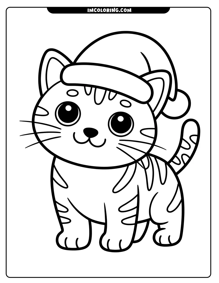 Printable line art of A cute striped kitten wearing a Santa hat and standing with a happy smile on its face