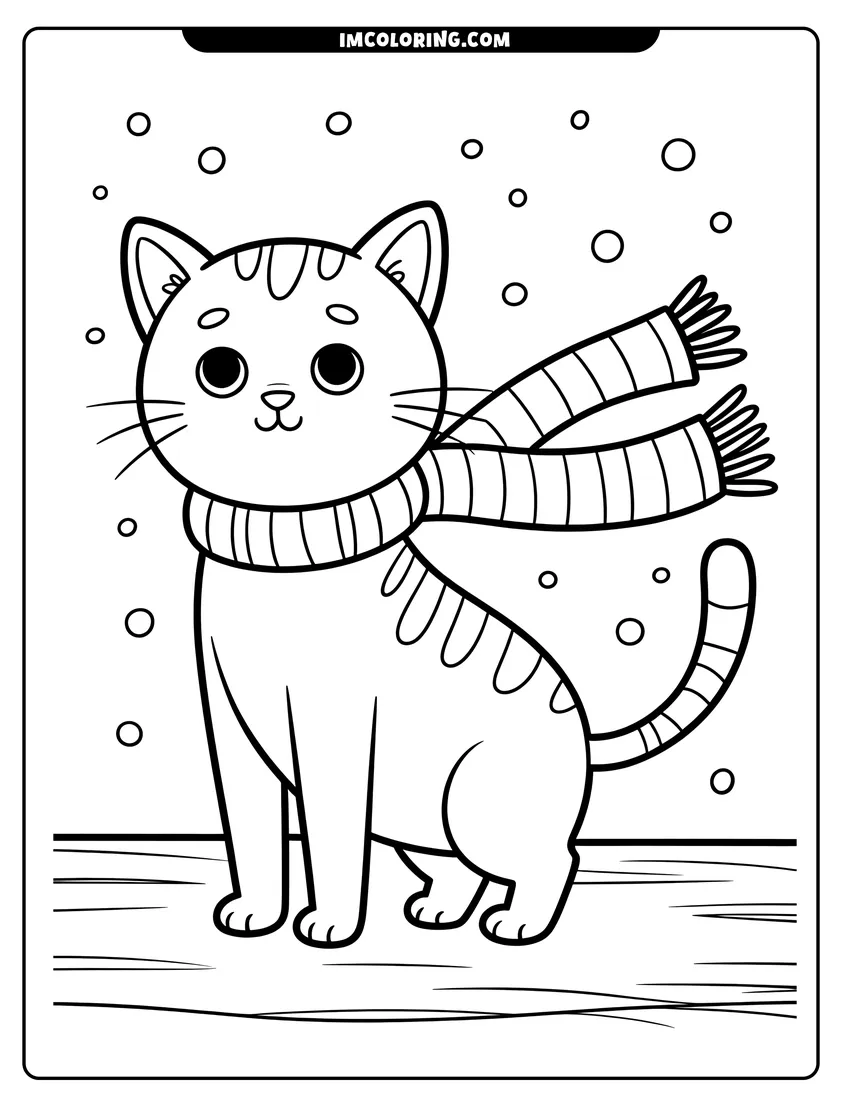 High quality printable A cute cartoon cat wearing a striped winter scarf standing in the falling snow with thick outlines for coloring