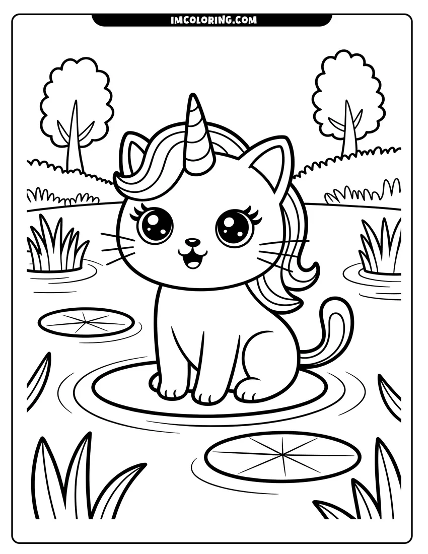PDF style coloring page: A cute caticorn with a horn and mane sitting on a lily pad in a garden pond