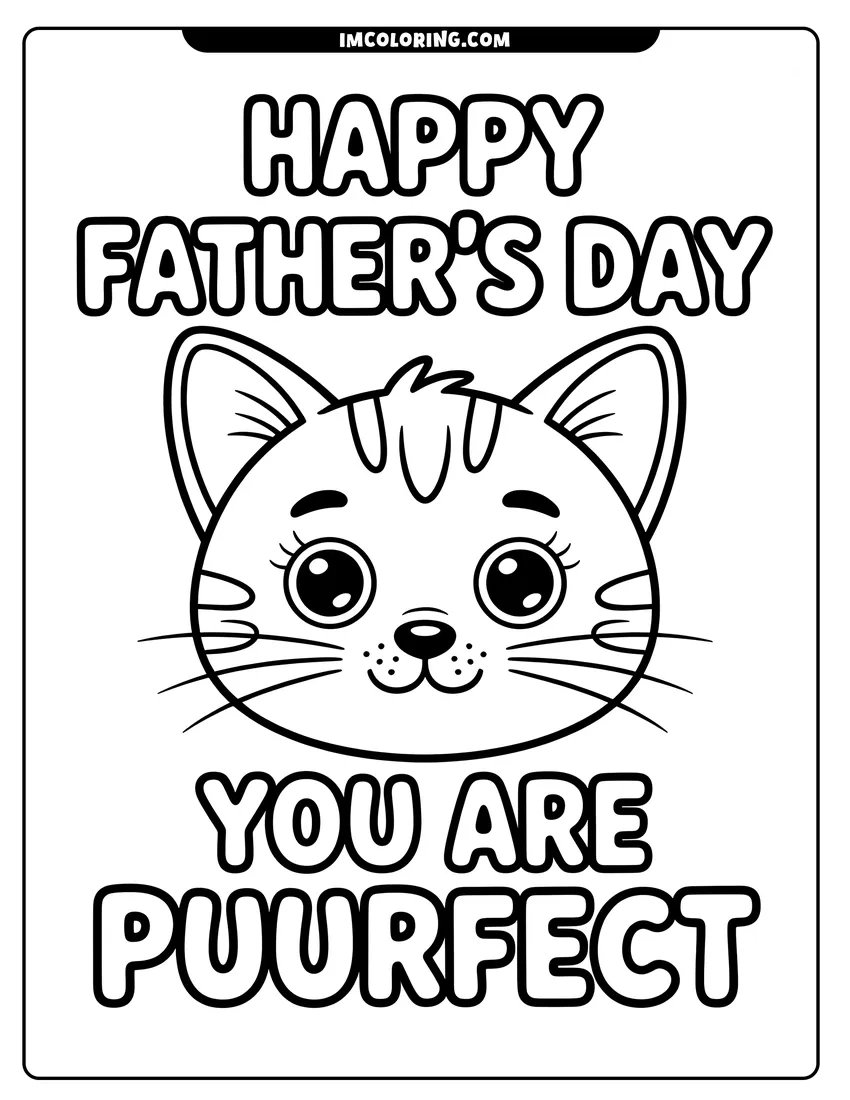 Linear illustration of A cute kitten face with the text Happy Father's Day You Are Puurfect in bold bubble letters