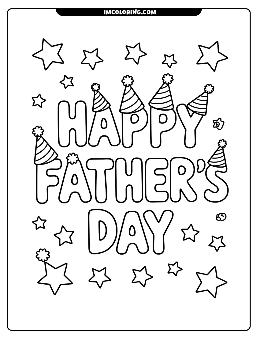 Black and white line art of Bubble letters reading Happy Father's Day surrounded by several striped party hats and many different sized five-pointed stars