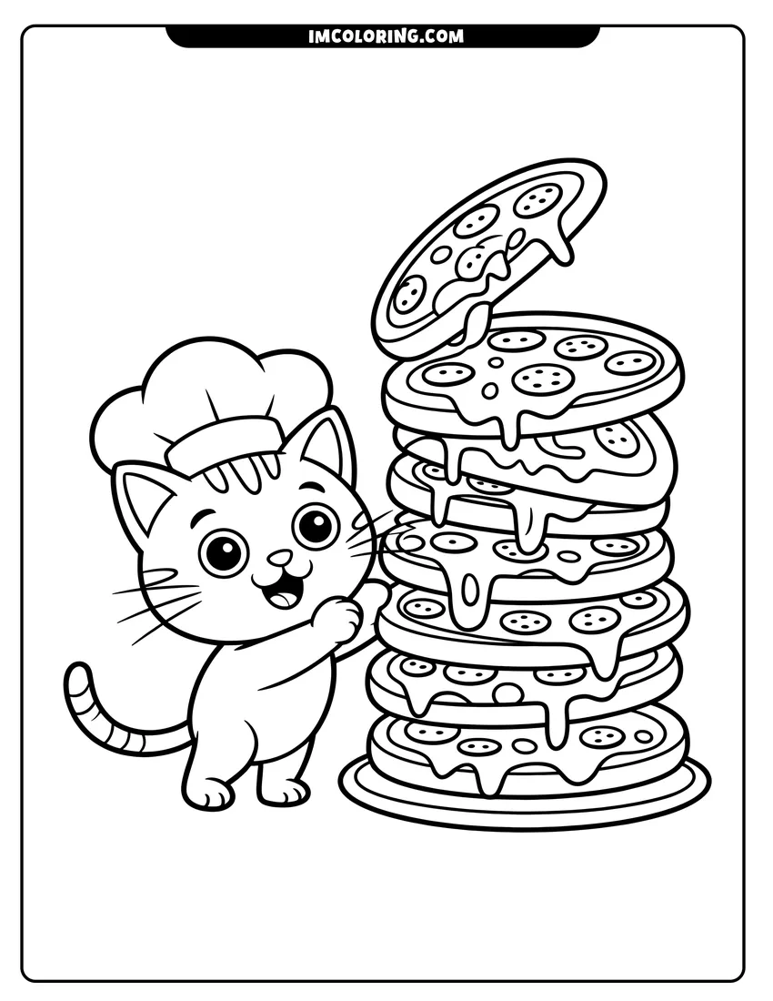 Coloring page of A cute cat wearing a chef hat stands next to a tall tower of pepperoni pizzas with cheese