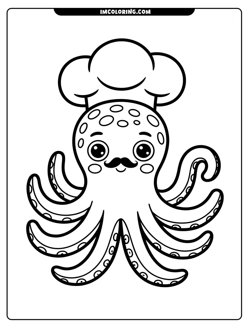 Printable line art of A cartoon octopus with a mustache and chef hat smiling with its many arms spread out