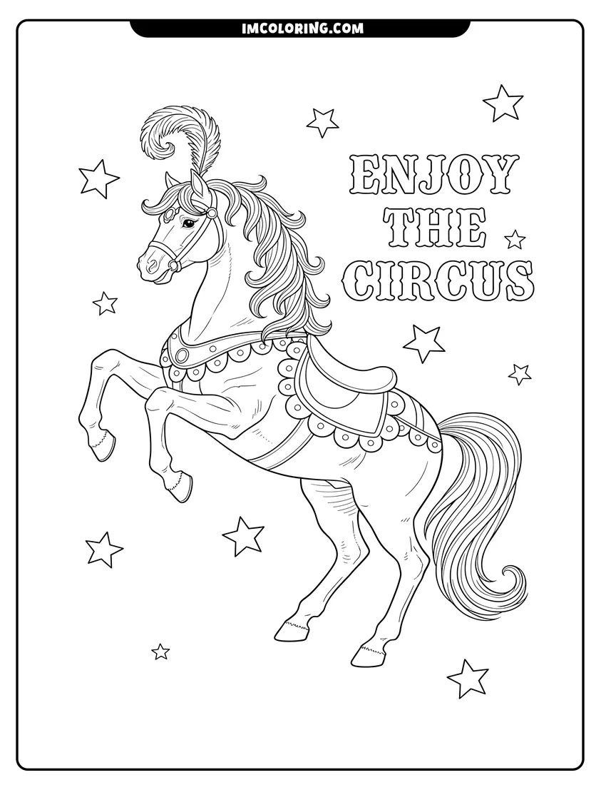 Outline drawing of A decorated circus horse rearing up on its hind legs surrounded by stars and festive text