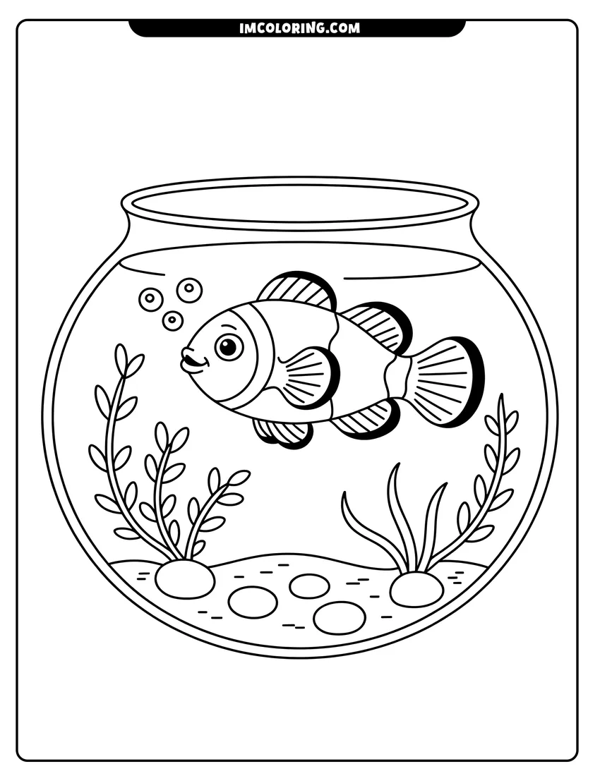 Linear illustration of A cute clownfish swimming in a round glass fishbowl with bubbles and underwater plants