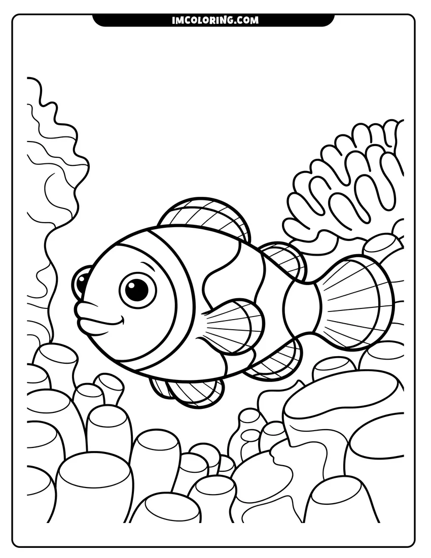 Full page coloring image of A happy clownfish with stripes swimming through a coral reef surrounded by sea anemones and plants