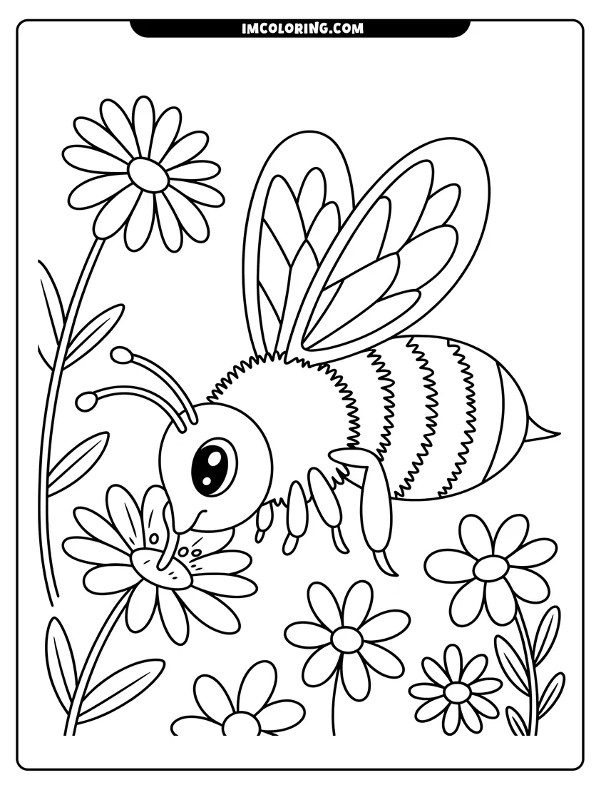 Coloring sheet featuring A cute cartoon honey bee with large eyes flying over several daisies in a cheerful garden setting
