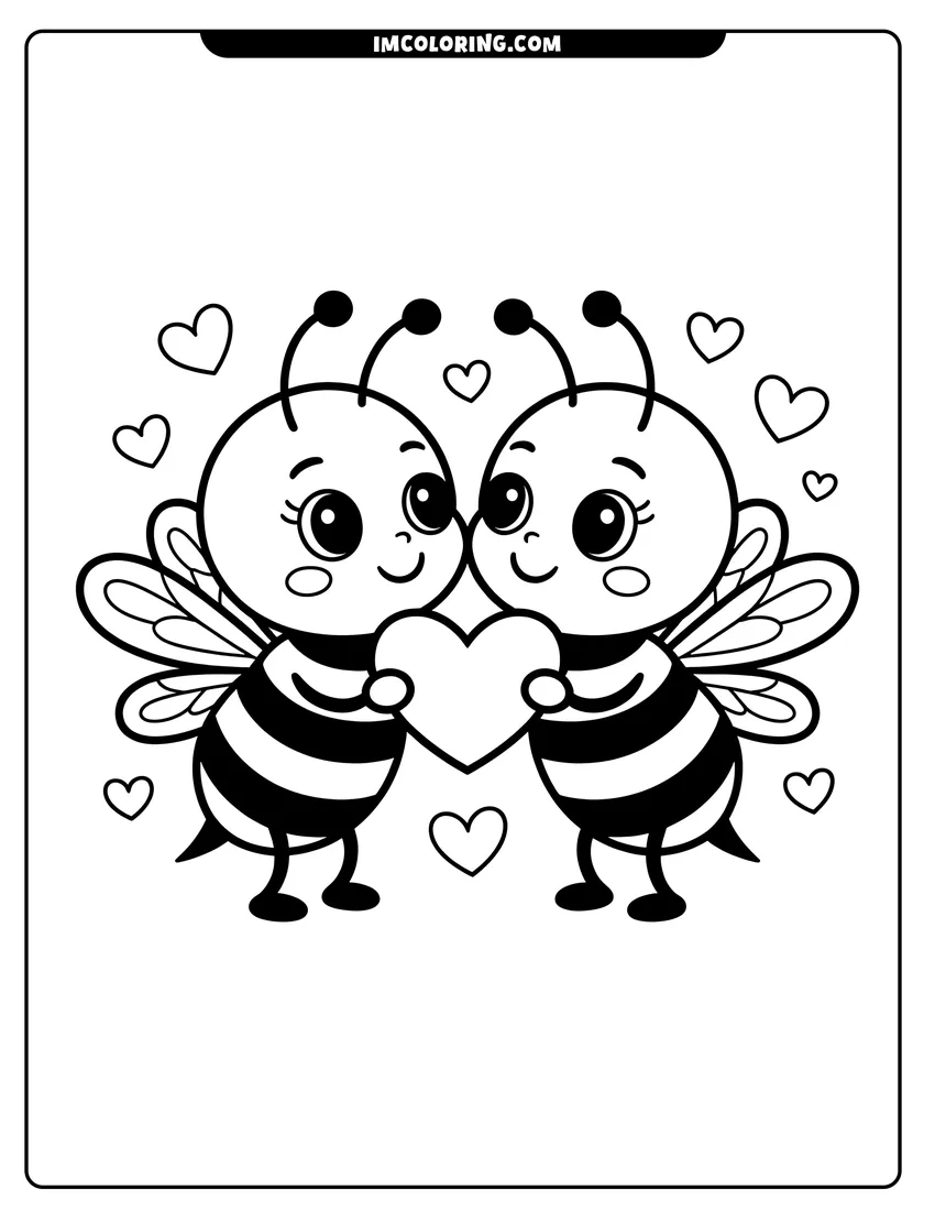 Coloring page of Two cute cartoon bees smiling and holding a heart between them surrounded by small floating hearts