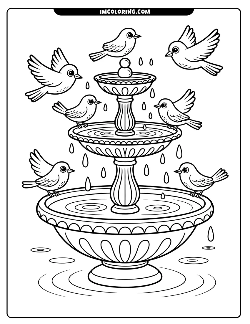 Doodle style coloring picture of Seven cute cartoon birds flying and perched around a three-tiered water fountain with splashing droplets