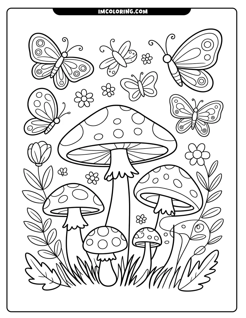 Full page coloring image of Six butterflies with patterned wings flying around several large spotted mushrooms and small flowers in a garden