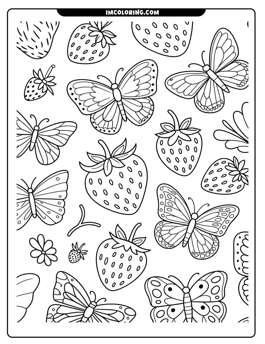 Clean line drawing: Patterned butterflies fluttering among various sized strawberries and small flowers in a garden scene