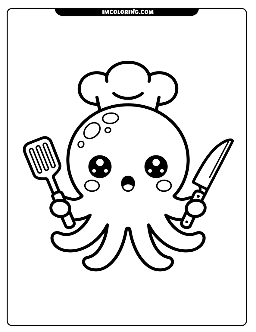 Printable coloring page of A cute cartoon octopus wearing a chef hat and holding a spatula and a kitchen knife