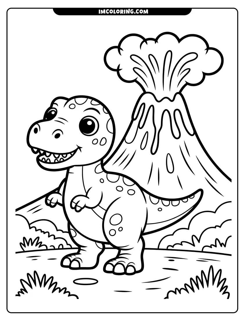Full page coloring image of A cute cartoon T-Rex smiling in front of an erupting volcano with smoke and lava