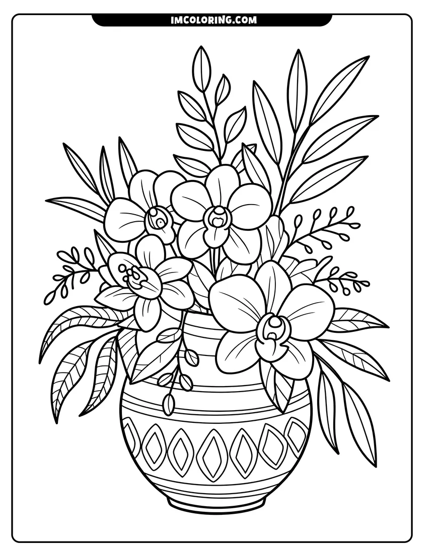 Clean line drawing: A line drawing of a floral arrangement with orchids and leafy stems in a decorative patterned ceramic vase