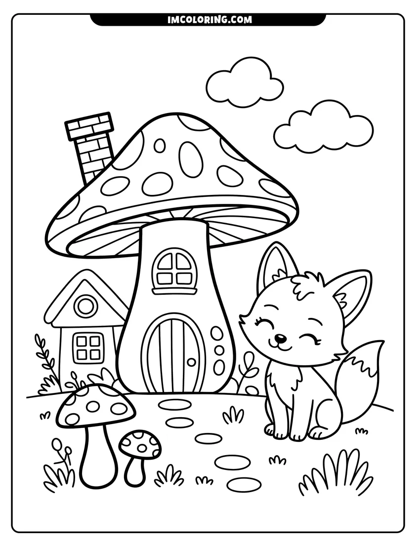 Doodle style coloring picture of A cute cartoon fox sits happily in front of a large mushroom house and small forest cottage