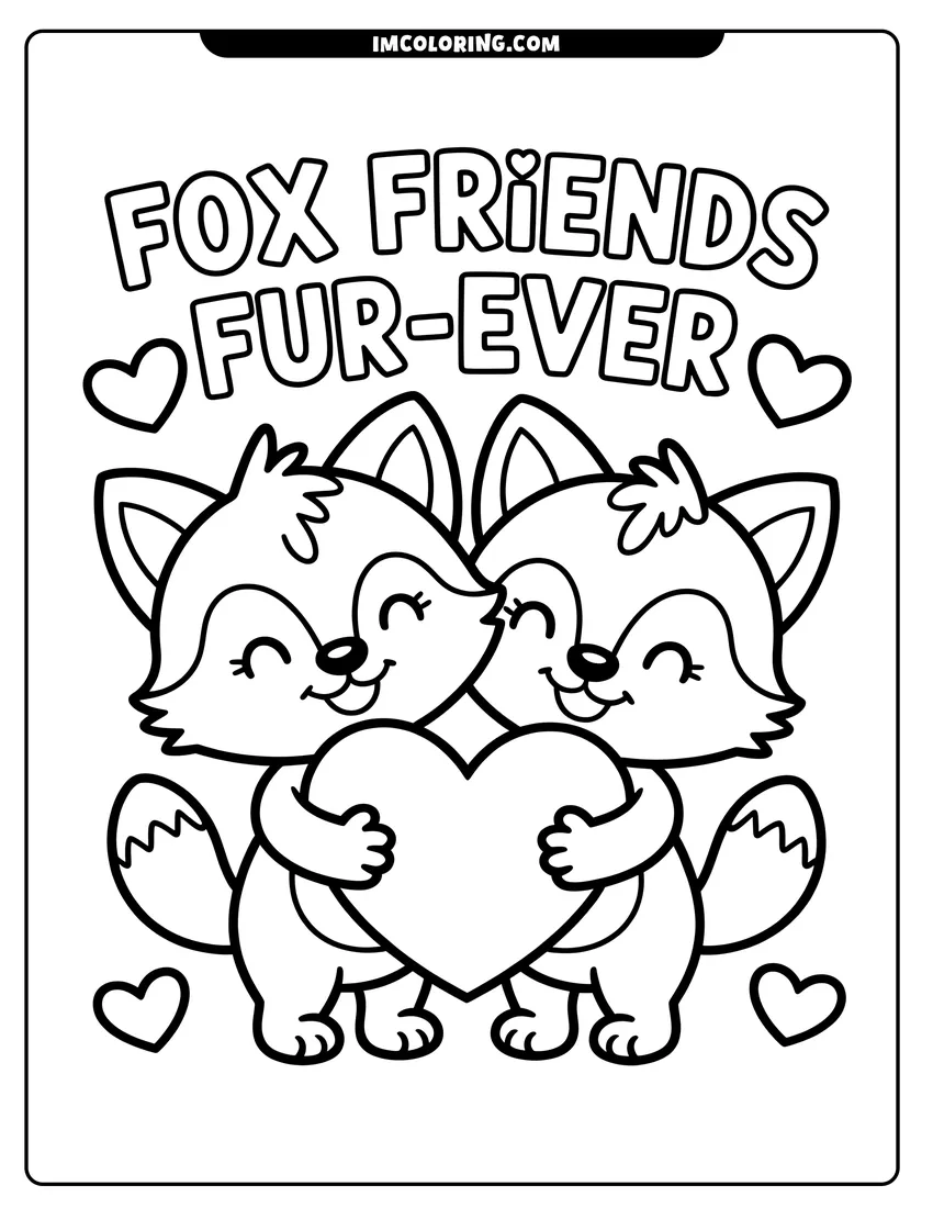 High quality printable Two cartoon foxes smiling and holding a large heart with the text Fox Friends Fur-Ever above them for coloring