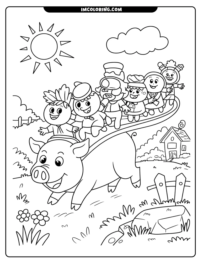 Outline drawing of A large smiling pig giving several cartoon children a ride on its back in a sunny field