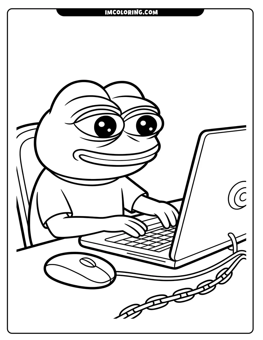 Coloring page of A friendly cartoon frog sitting at a desk and typing on a laptop computer with a mouse