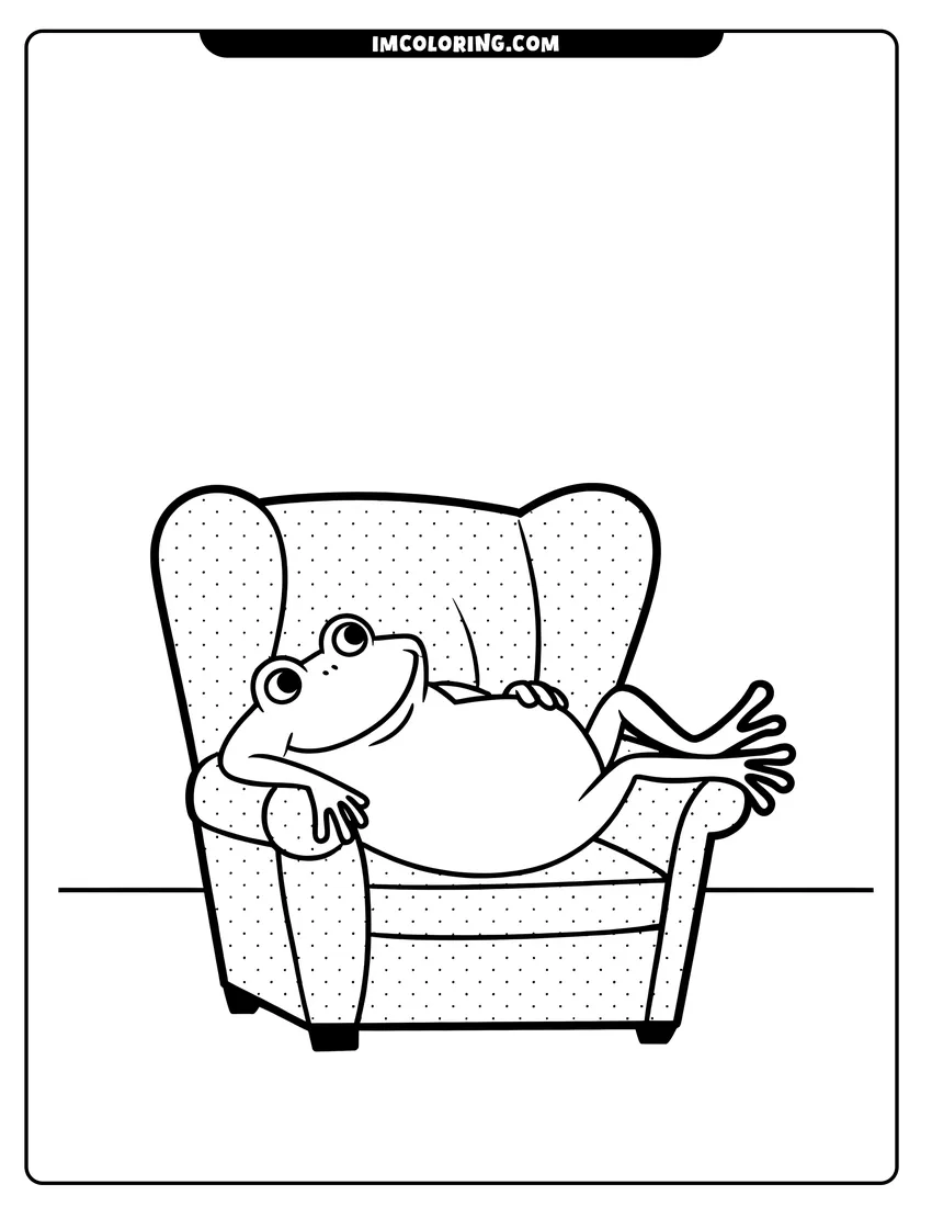 Downloadable coloring page of A cute frog with a big smile relaxes comfortably in a large polka-dot armchair