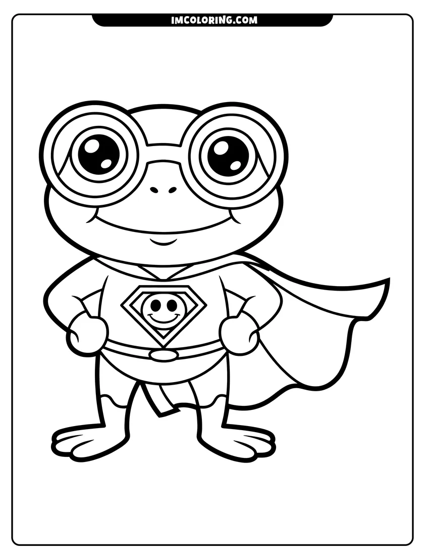 High quality printable A cute superhero frog wearing glasses and a cape standing with hands on its hips and a smile for coloring