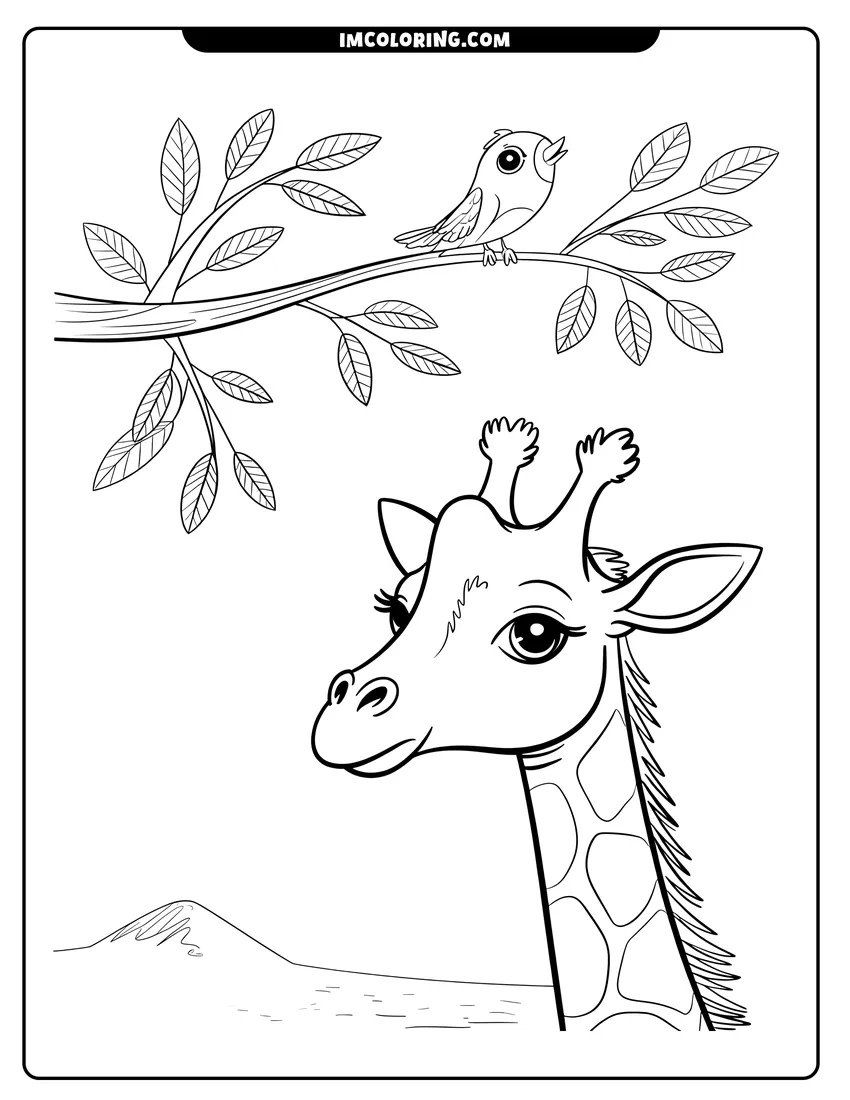 Coloring page of Cute giraffe looking at a small singing bird on a tree branch with mountains in the background