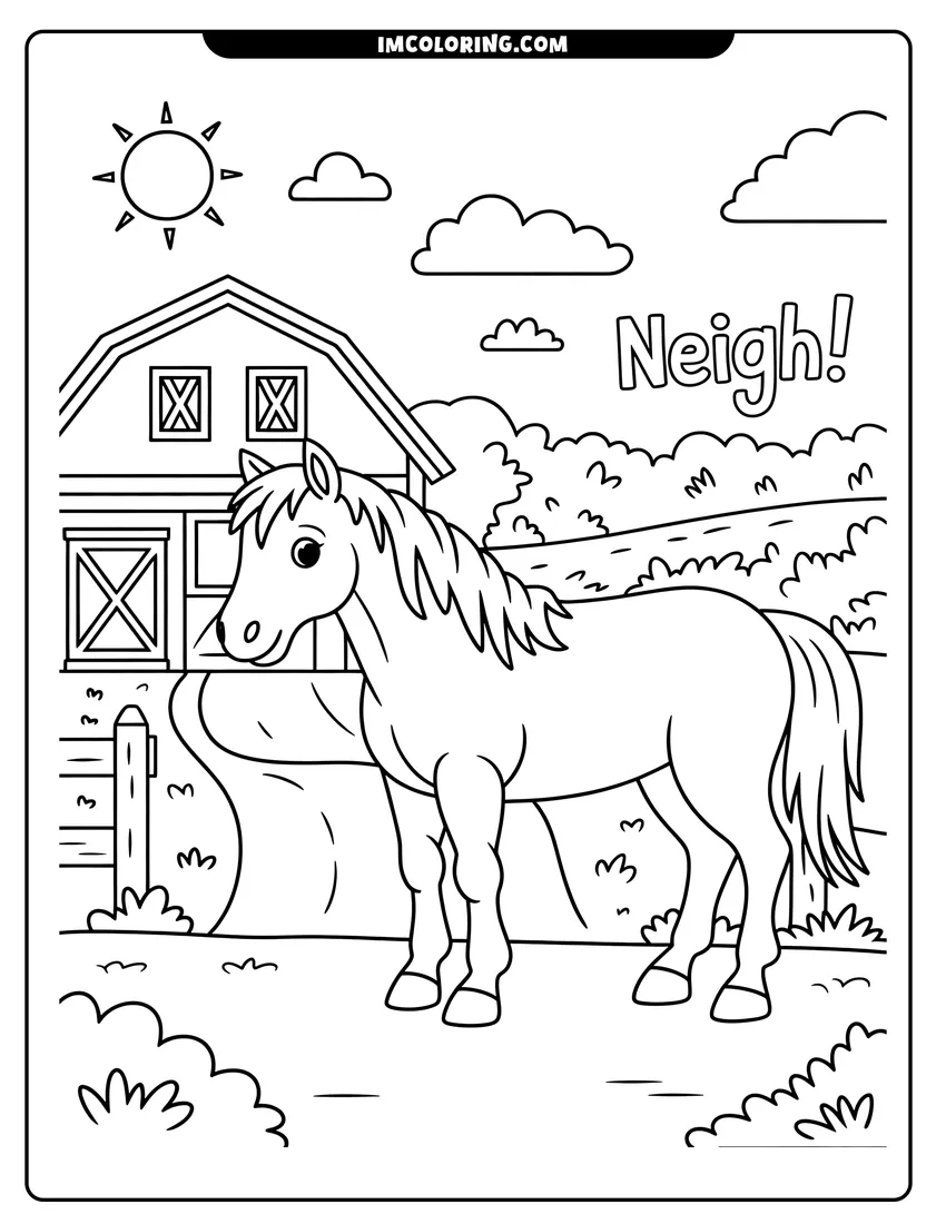 Printable line art of A cute cartoon horse stands in a farm field with a barn, sun, and clouds in background
