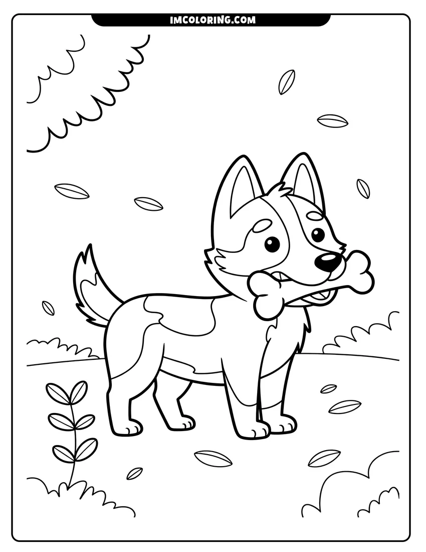 Full page coloring image of A cartoon husky puppy standing in a park with falling leaves and holding a large bone