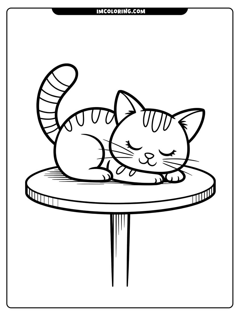 Full page coloring image of A cute striped kitten sleeping peacefully on a small round wooden stool with its eyes closed tight