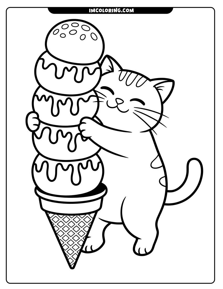 Doodle style coloring picture of A happy cat with stripes hugging a tall ice cream cone stacked with five melting scoops of ice cream