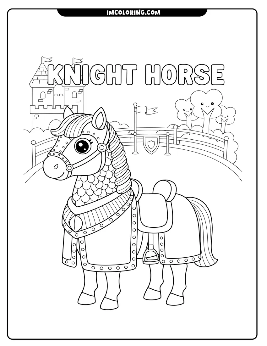 Doodle style coloring picture of A cute cartoon horse wearing knight armor standing in front of a castle and smiling trees