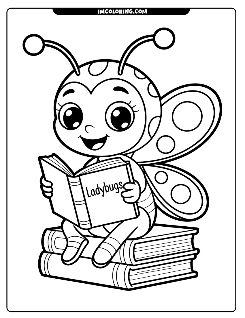 Clean line drawing: A cartoon ladybug with large eyes sitting on two books while reading another book about ladybugs