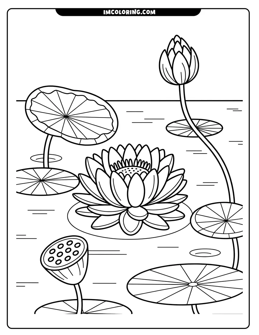 Printable line art of A beautiful lotus flower in full bloom surrounded by large lily pads and buds on a pond