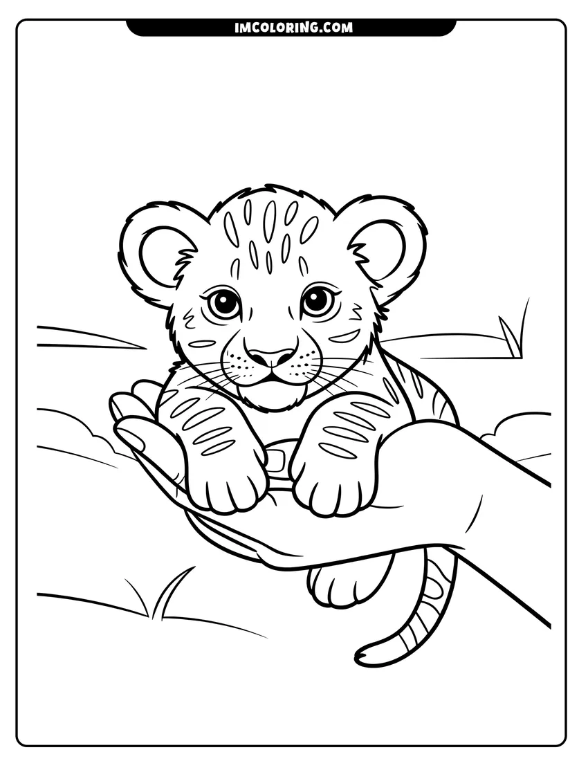 Coloring page of A small lion cub with spots resting inside a human hand with a simple grassy background