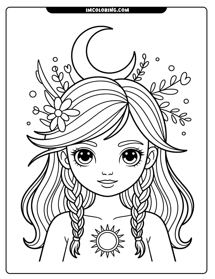 Free to print drawing of A portrait of a mermaid girl with braided hair, a crescent moon crown, and a sun emblem